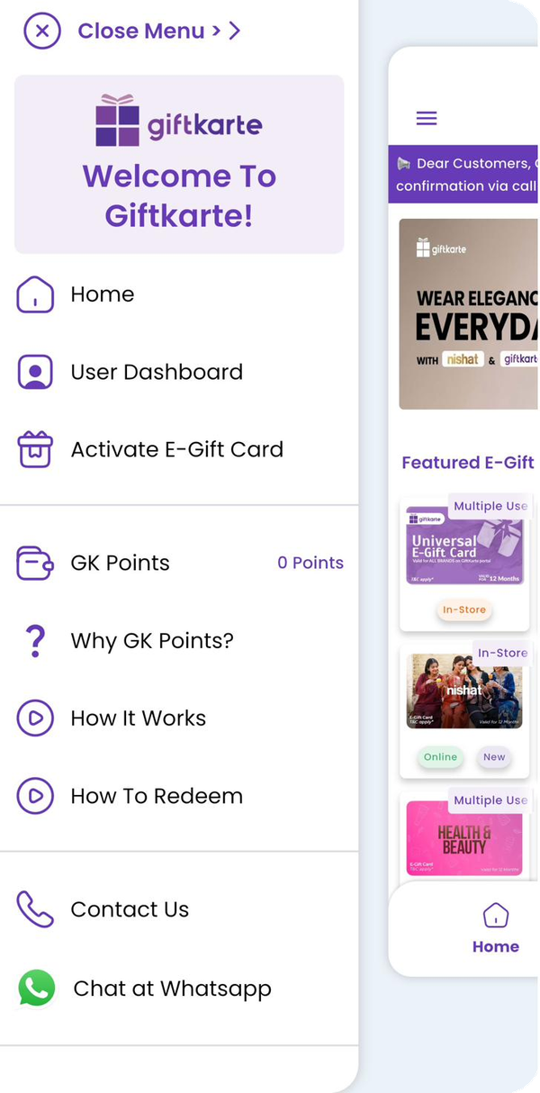 GiftKarte side menu with utility navigation