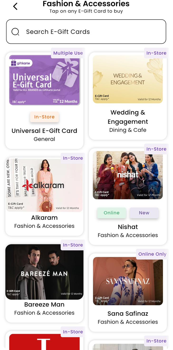GiftKarte home screen showing fashion banner and card grid